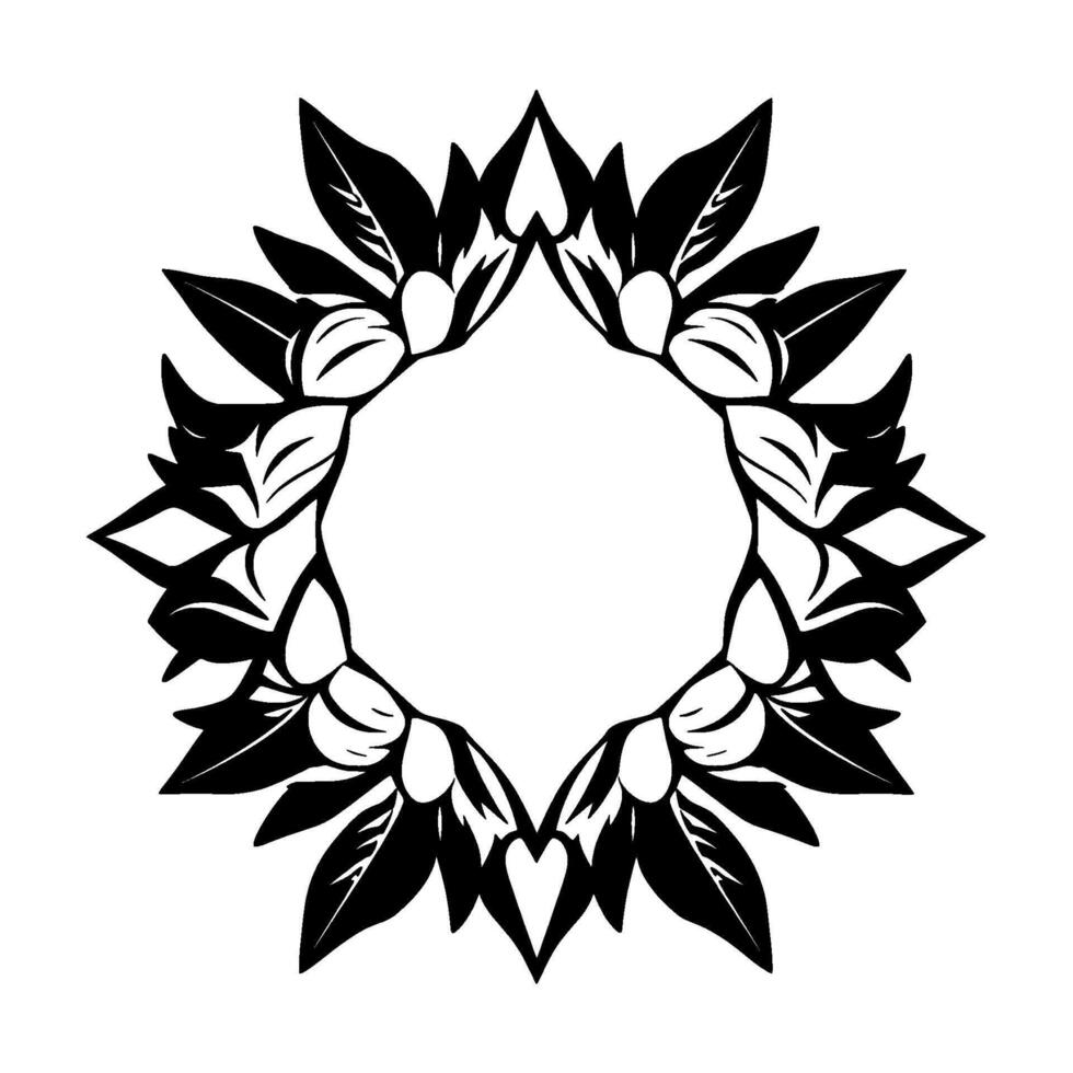 Symmetrical Floral Black and White Stylized Foliage Forming a Circular Frame with a Central DiamondShaped Opening. vector