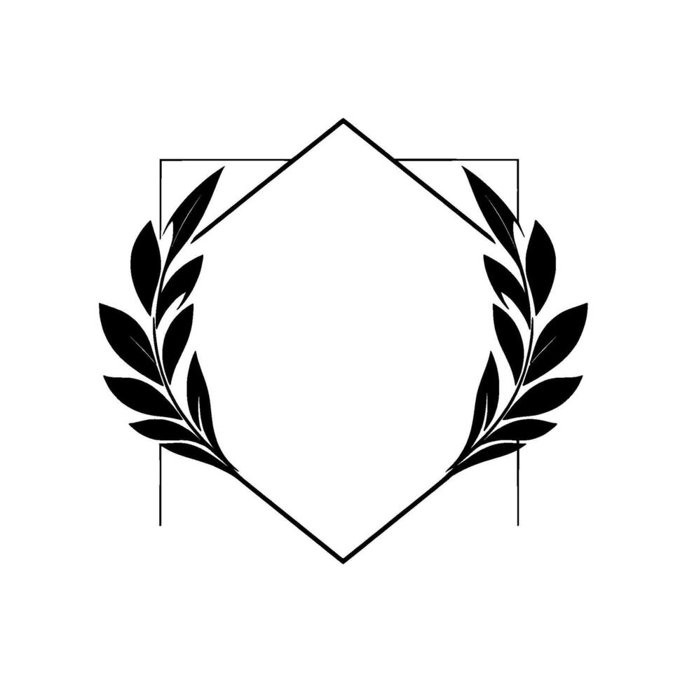 Minimalist Black Leaf Wreath , Enclosing a Geometric Rhombus and Square Frame on White Background, Modern Floral Emblem. vector