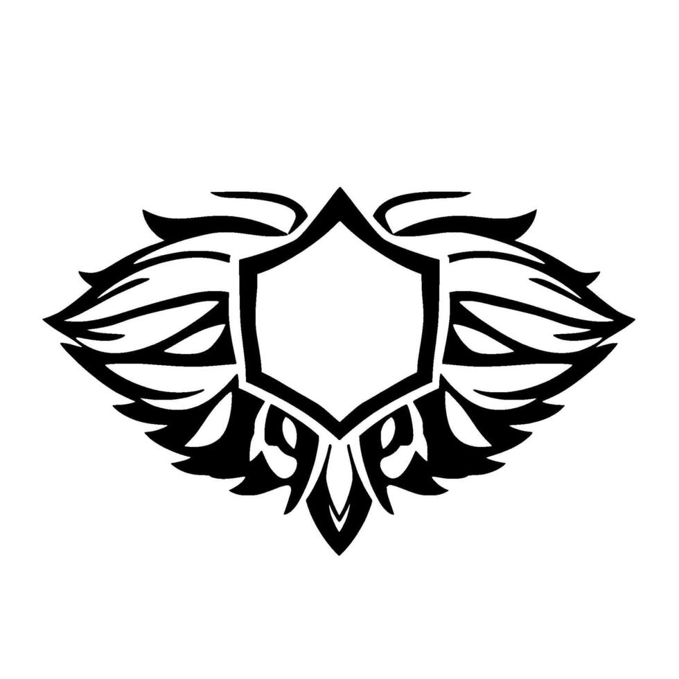 Black and white symmetrical tribal crest , featuring shield center, stylized feather and leaf elements. vector