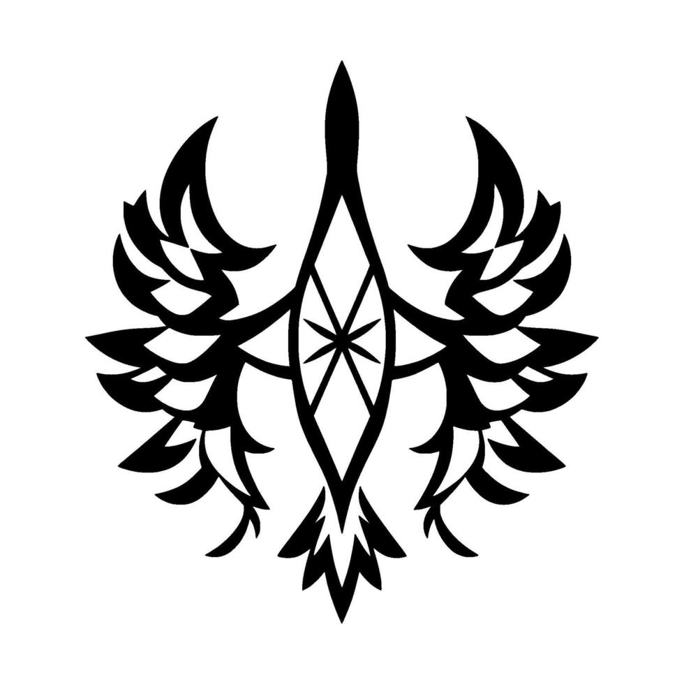 Symmetrical Black and White Abstract Bird with Star and Geometric Wing Designs, Minimalist Aesthetic on White Background. vector