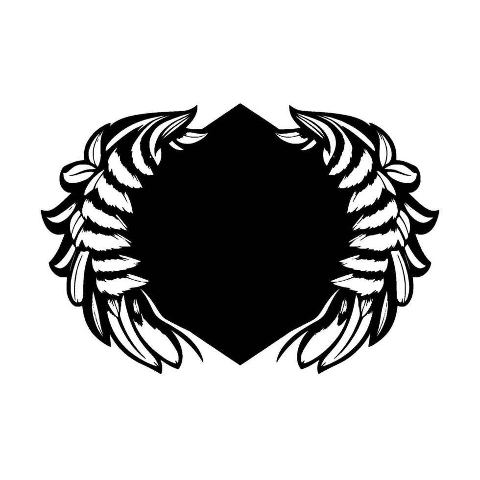 Intricate Black White Crest Geometric Diamond Center Bordered by Feathered Wings, Decorative Emblem, Modern . vector