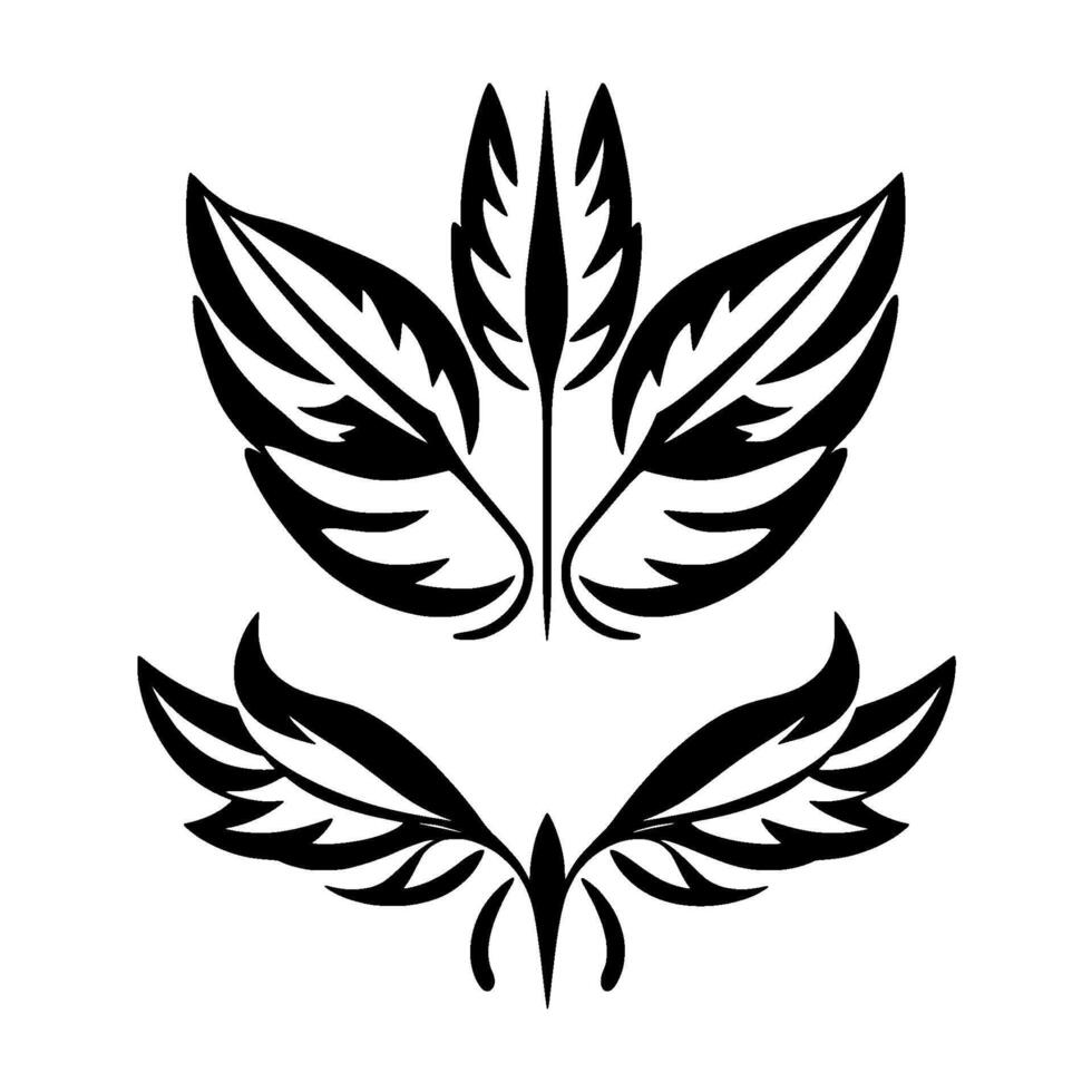 Intricate Black and White Floral Illustration Composed of Two Symmetric Designs Resembling stylized Feathers or Wings on a White Backdrop. vector