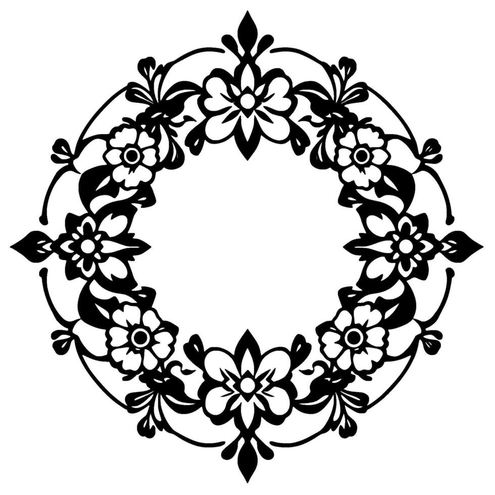 Elegant Black and White Circular Floral Wreath , Featuring Detailed Blossoms, Leaves, and Curvilinear Elements on a Pure White Background. vector