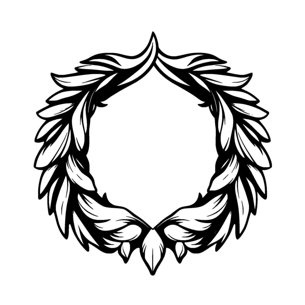 Black and white circular wreath composed of stylized leaves, arranged symmetrically around an empty central space, reminiscent of laurel leaves. vector