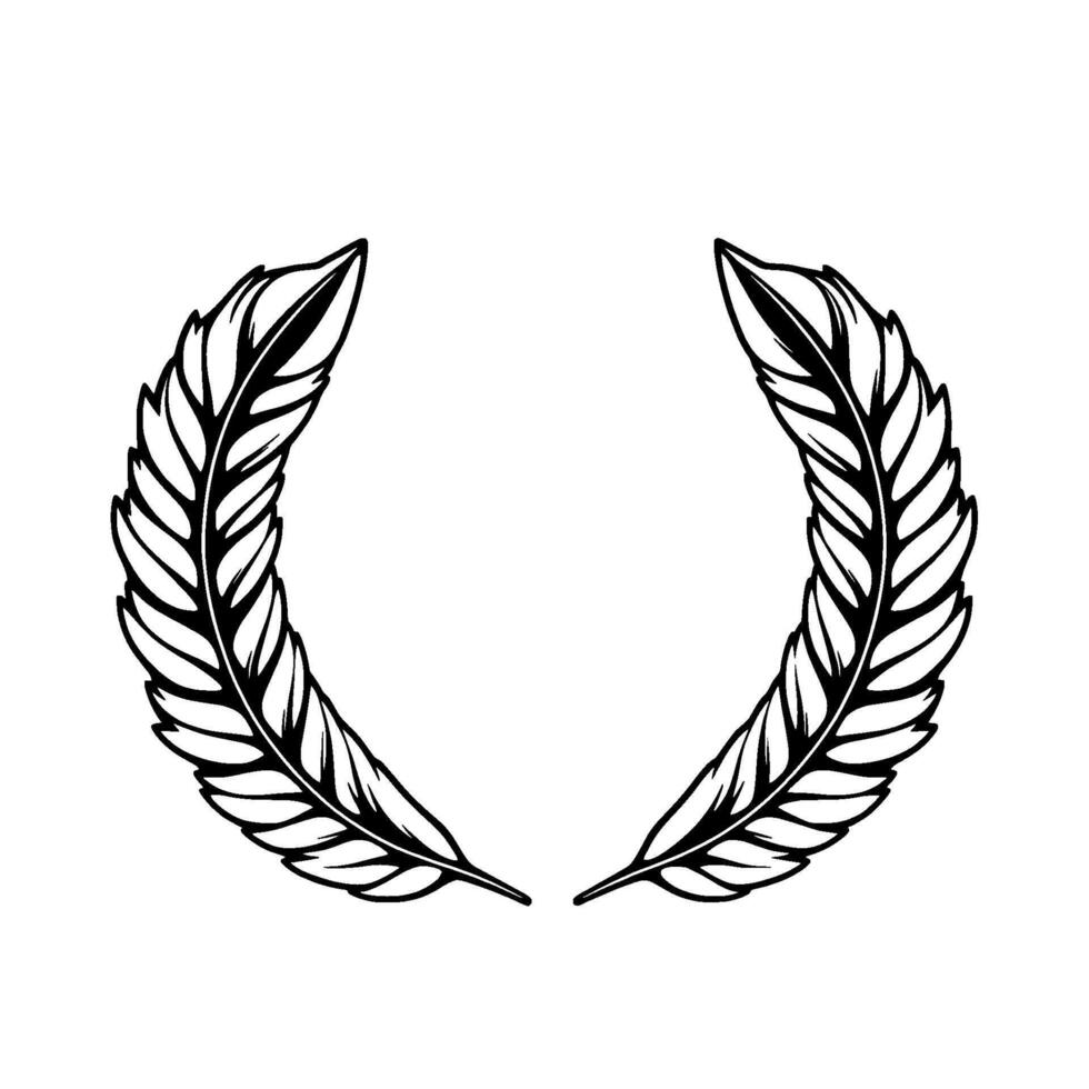 A symmetrical, minimalist black and white illustration of two stylized feather branches forming a circular laurel on a stark white background. vector