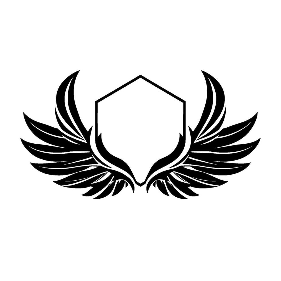 Black wing with an empty hexagon shape, perfect for brand representation, creating an aesthetic emblem on white. vector