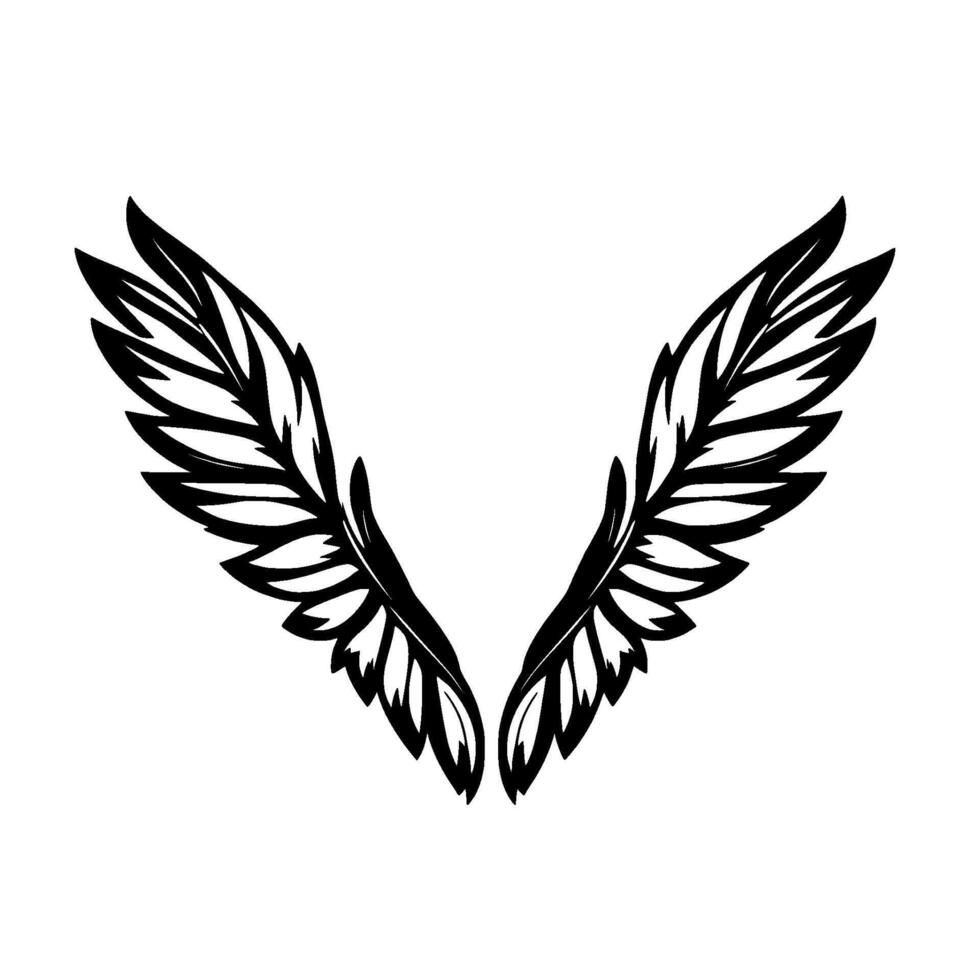 Symmetrical black and white feathered wings on a white background, featuring a stylized illustration with sharp edges. vector