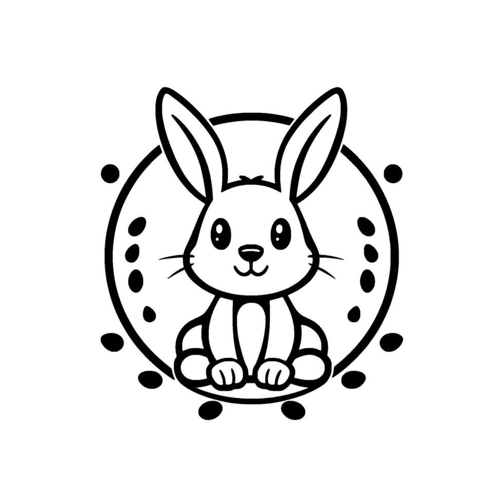 Adorable Cartoon Rabbit within a Circle Black and White Illustration with Pink Cheeks and Decorative Dots, Perfect for Kids Designs. vector
