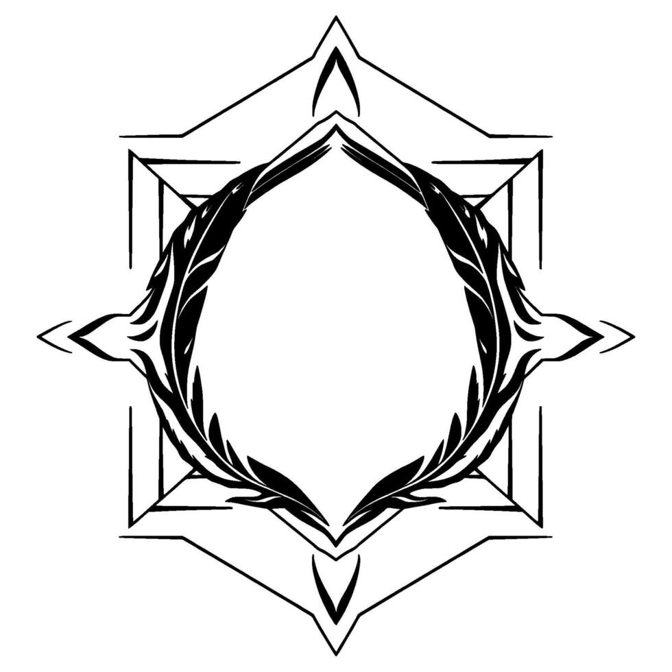 Intricate black and white geometric starburst , featuring a symmetrical featherlike frame with a central oval void, minimalist and elegant. vector