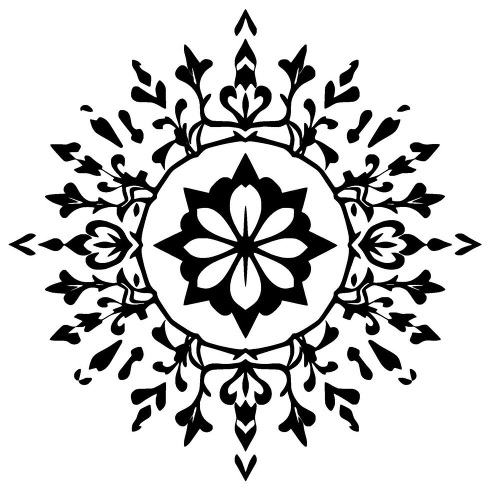 Intricate black and white floral mandala, radiating symmetrical patterns, centered around a stylized flower, leaves, and ornamental details on a white background. vector