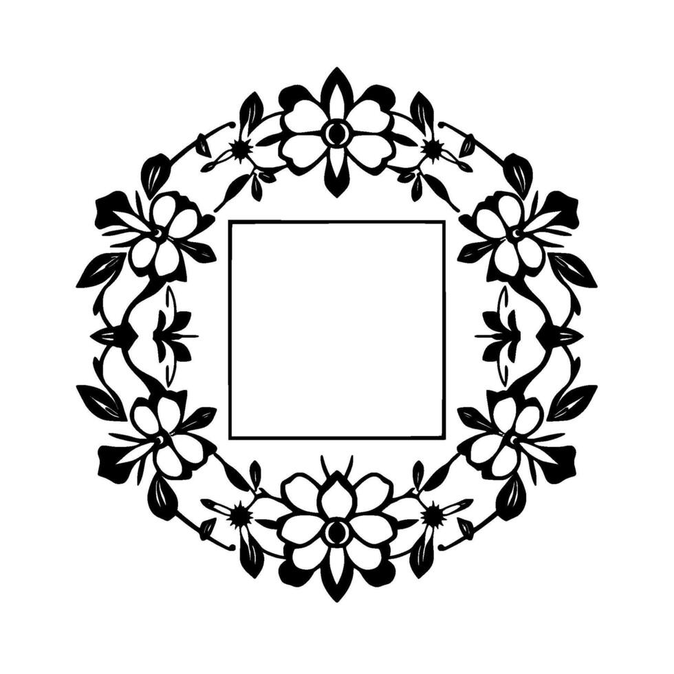 Elegant Black and White Floral Wreath Frame with a Central Square vector