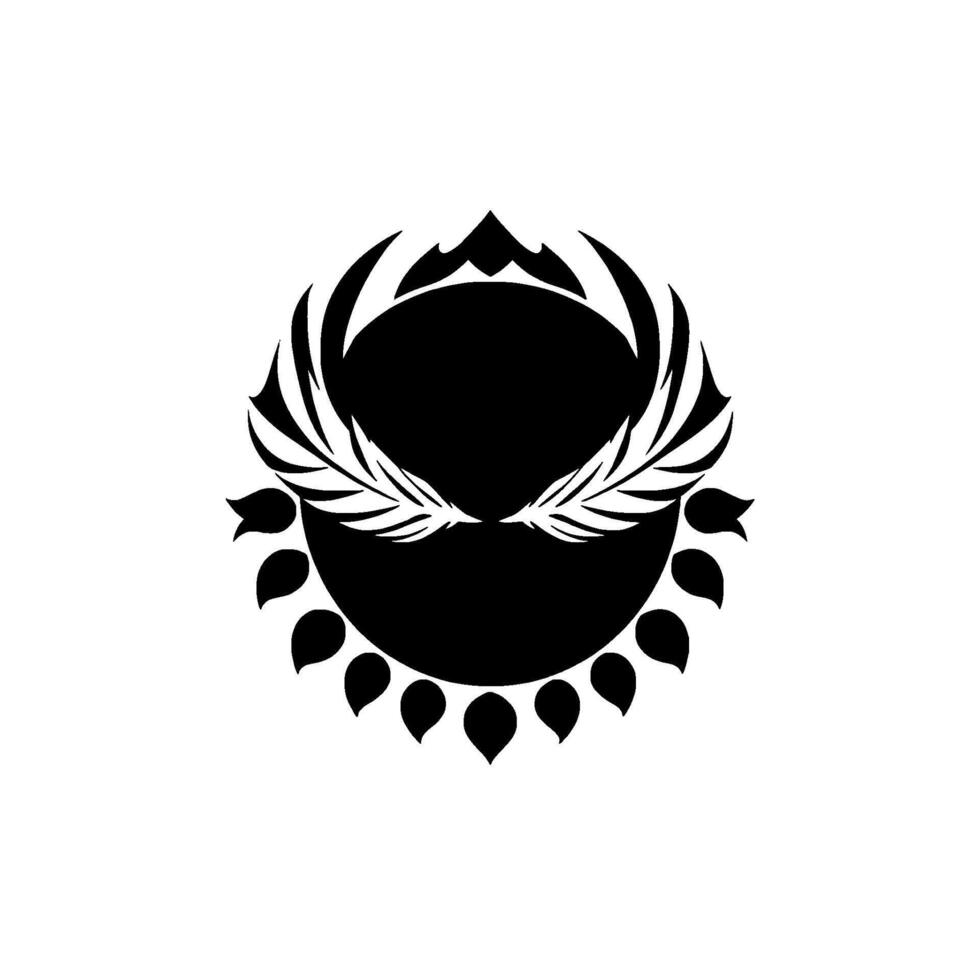 Symmetric Black and White Emblem Circular with Feathered Wings and Crownlike Crest, Minimalist and Elegant. vector