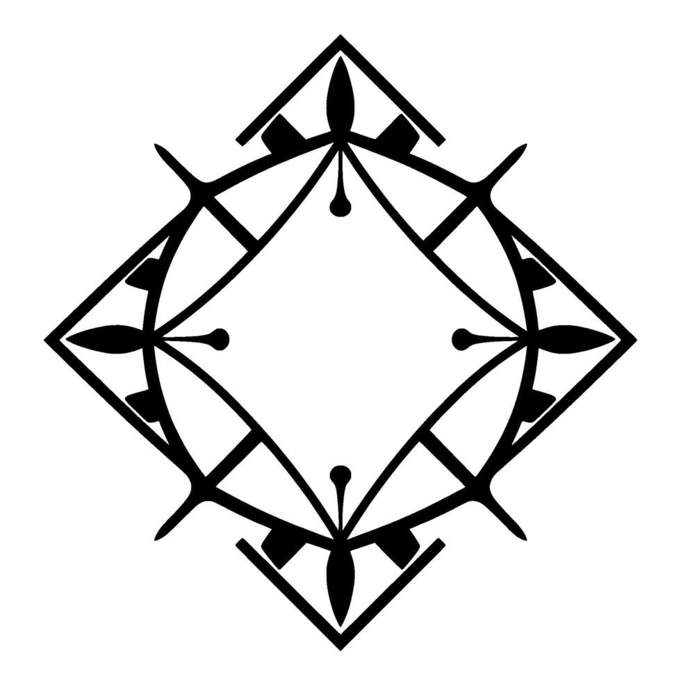 Intricate Geometric Symmetry Black and White Ornamental Pattern within a Rhombus, Featuring Floral Accents and Lines. vector