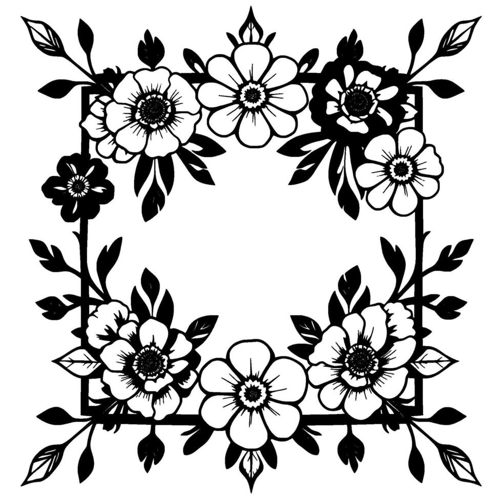 Black and White Floral Square Frame Border Delicate Blooms and Leaves in Elegant Monochrome . vector