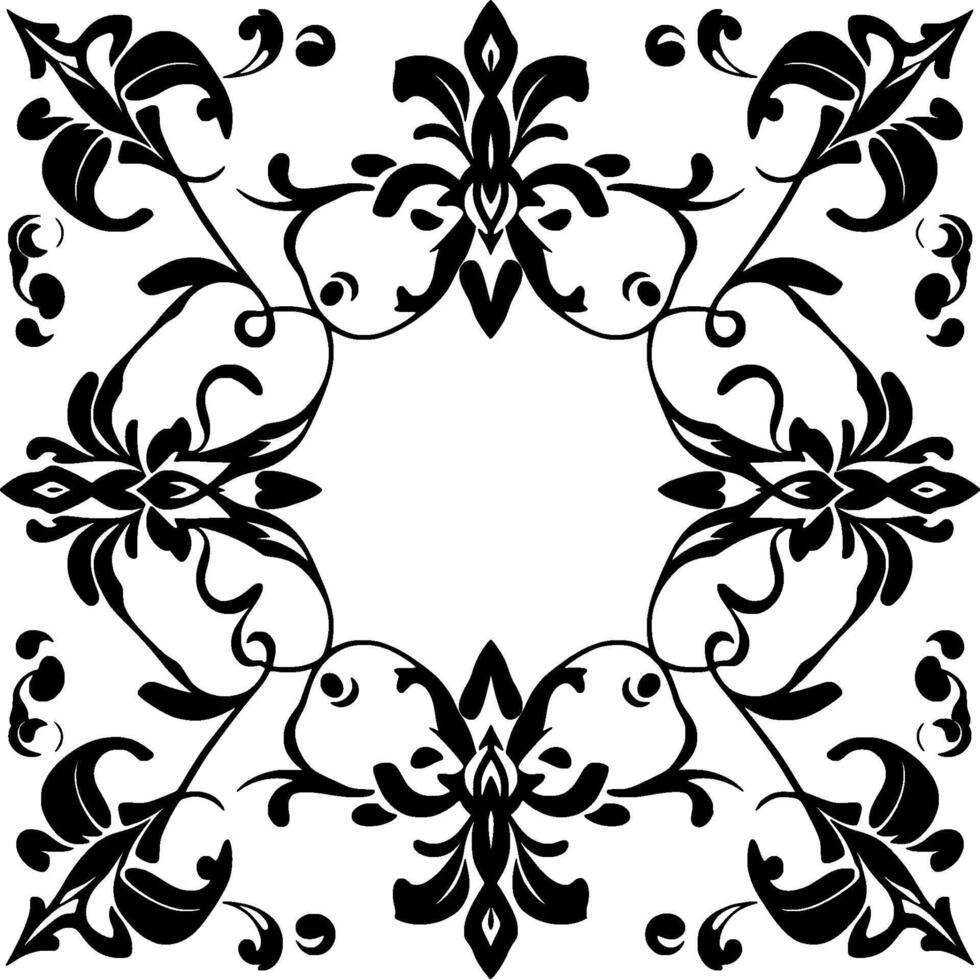Symmetrical Black Floral Pattern with Ornate Leaves and Vines Forming a Square Frame on White Background. vector
