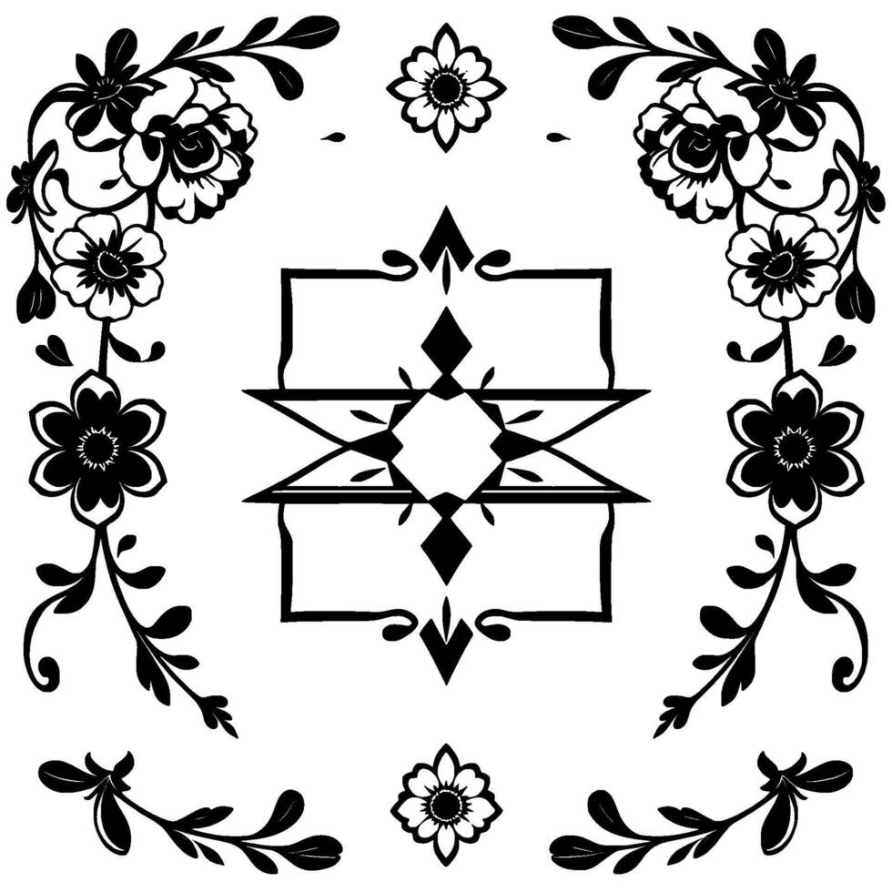 Symmetric Black and White Floral Geometric with Central Star Motif and Decorative Border vector