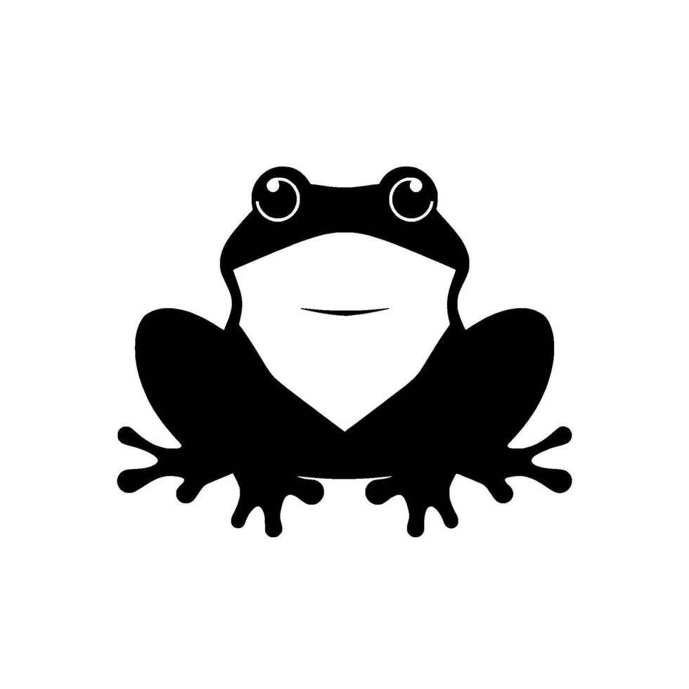 Smiling black silhouette of a frog with white triangular face, big eyes, and spreadout legs, set against a minimalist white background. vector