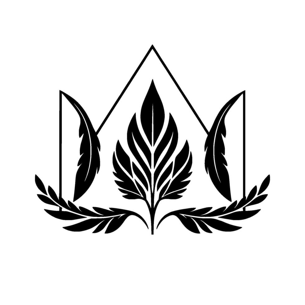 Minimalist Black and White NatureInspired Featuring Leaves, Feathers, and Geometric Framework. vector