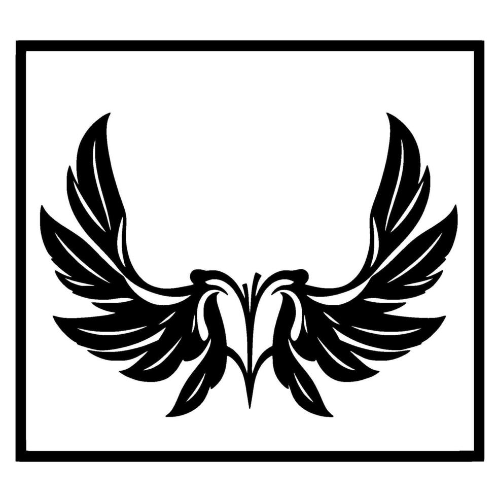 Symmetrical Black Feathered Wing within Square Frame on White Background, Decorative Abstract Emblem. vector