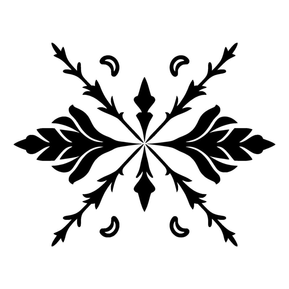 Symmetrical Black Foliate Ornamental on White Background with Pointed Elements, Decorative Petals, and Crescent Accents. vector
