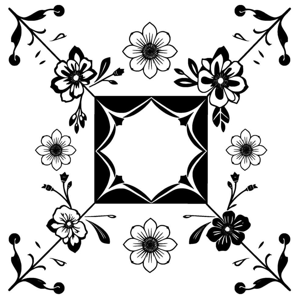 Geometric floral featuring a central ornamental shape surrounded by elegant blossoms and stylized botanical elements. vector