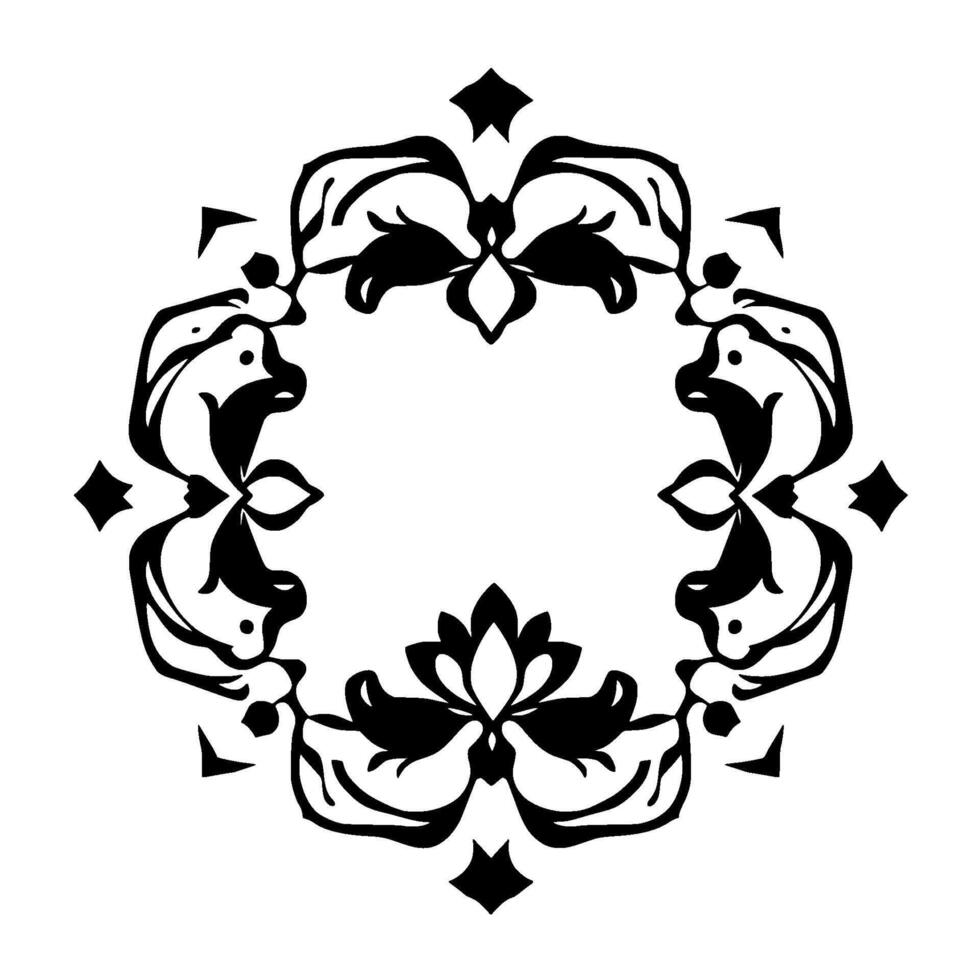 Symmetrical Black Floral with Decorative Elements, Abstract Geometric Composition on White Background, Ornamental Border. vector