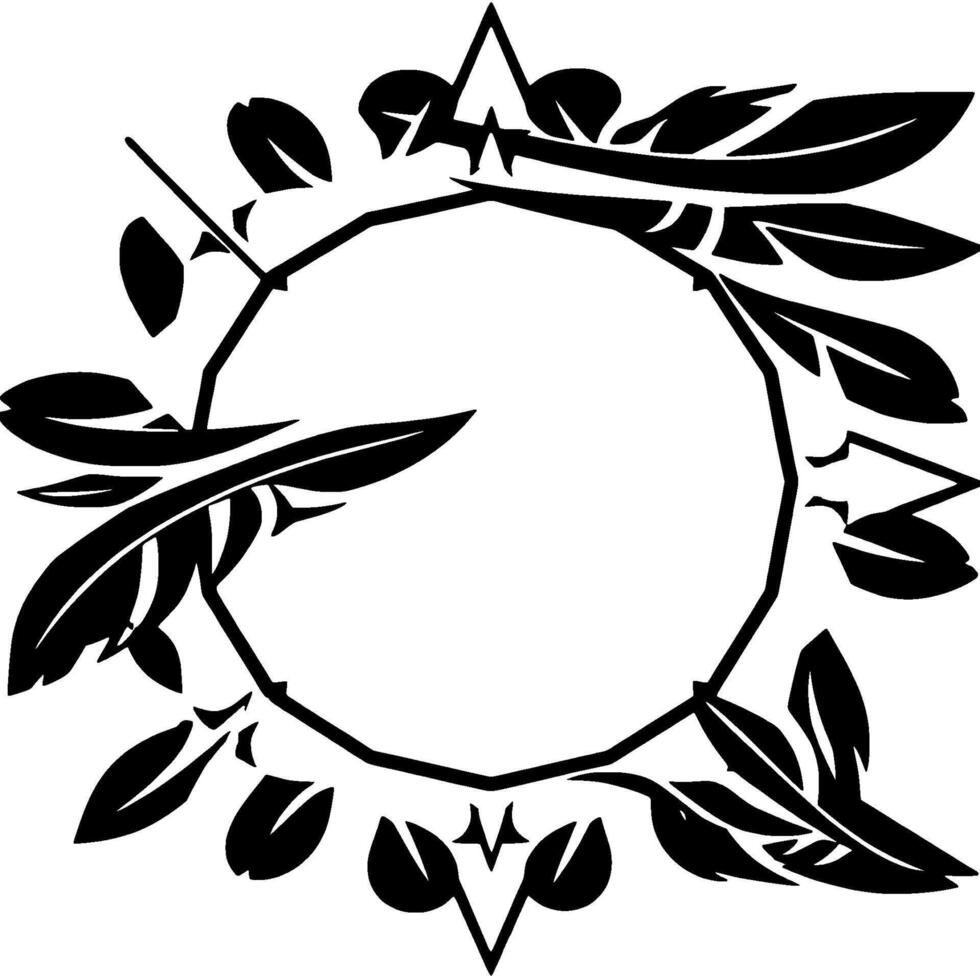 Elegant Black and White Circular Featuring Feathers, Leaves, and StarShaped Accents, Minimalist Aesthetic. vector