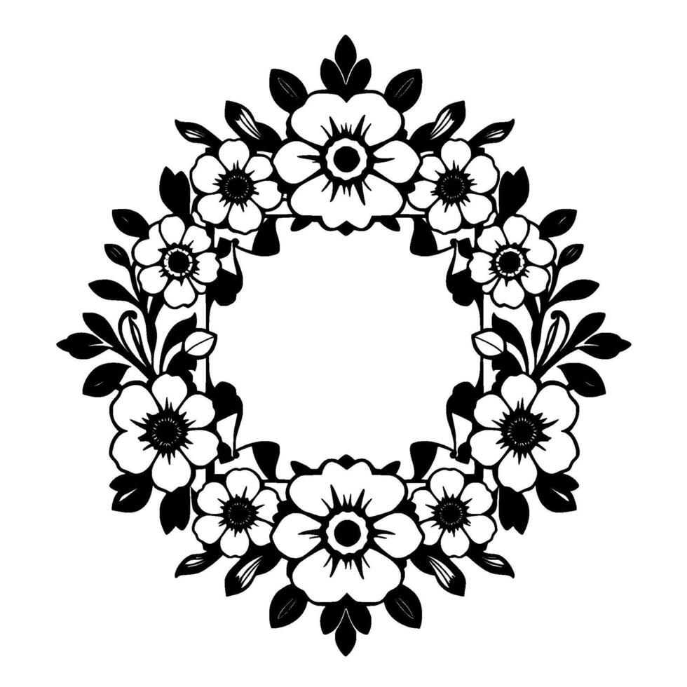 Black and White Floral Wreath Elegant Symmetry of Blooming Flowers and Leaves, with a Decorative Circular Frame . vector