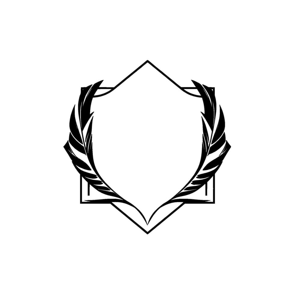 Elegant black and white emblem featuring symmetrical feather plumes forming a crest within an octagonal frame, evoking a classic and refined aesthetic. vector