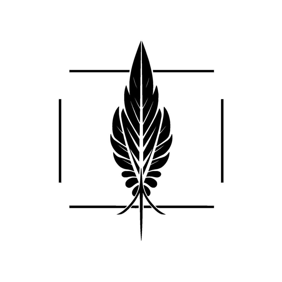 Bold, symmetrical black feather emblem, encased in a thin rectangular frame, on a pristine white background. vector
