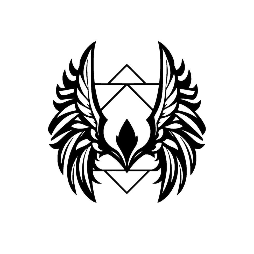 Abstract geometric featuring stylized wings and a central diamond shape intertwined with triangles, rendered in stark black and white, evoking a sense of power and elegance. vector