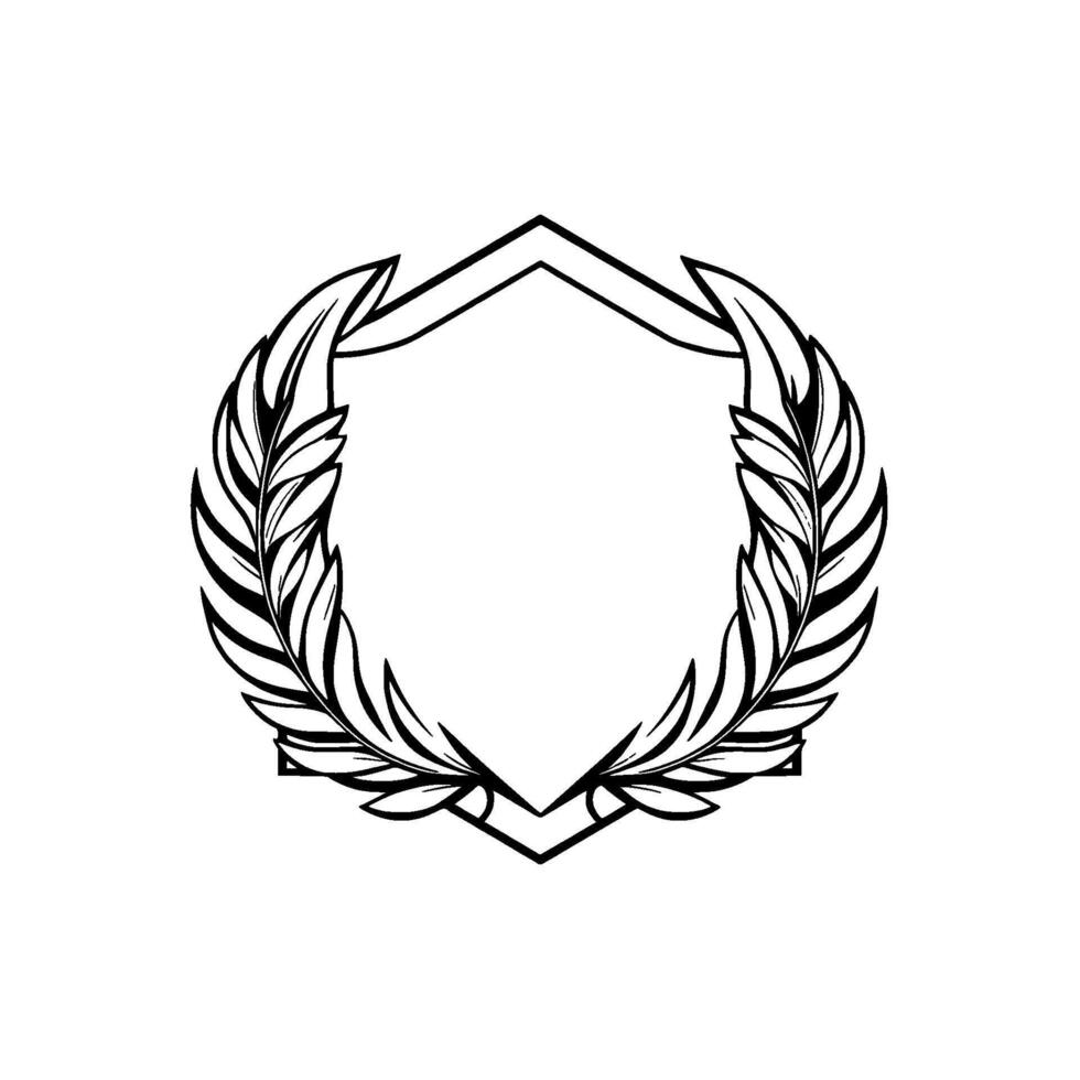 Intricate Black and White ShieldShaped Emblem with Laurel Wreath, Geometric Structure, and Elegant Leafy Elements. vector