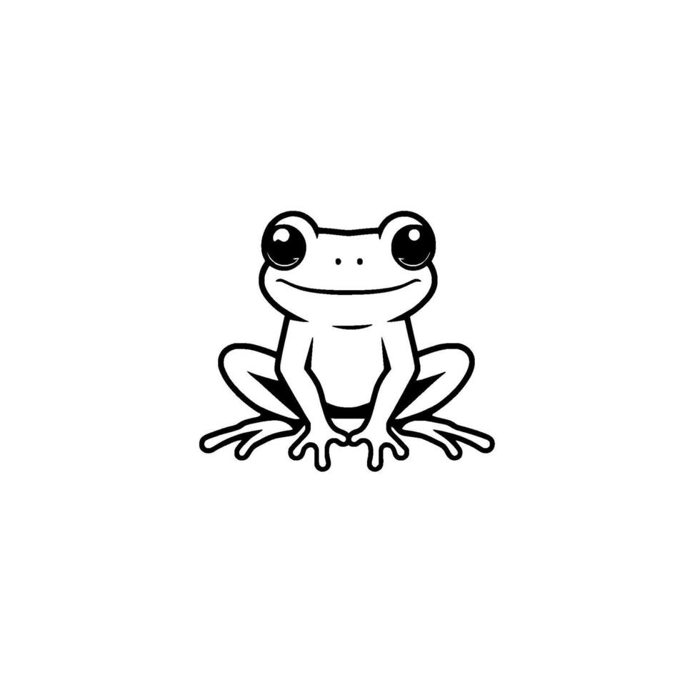 Minimalist Black and White Illustration of a Smiling Frog with Large Eyes and a Simple, Cartoonish , Sitting on a Blank White Background. vector