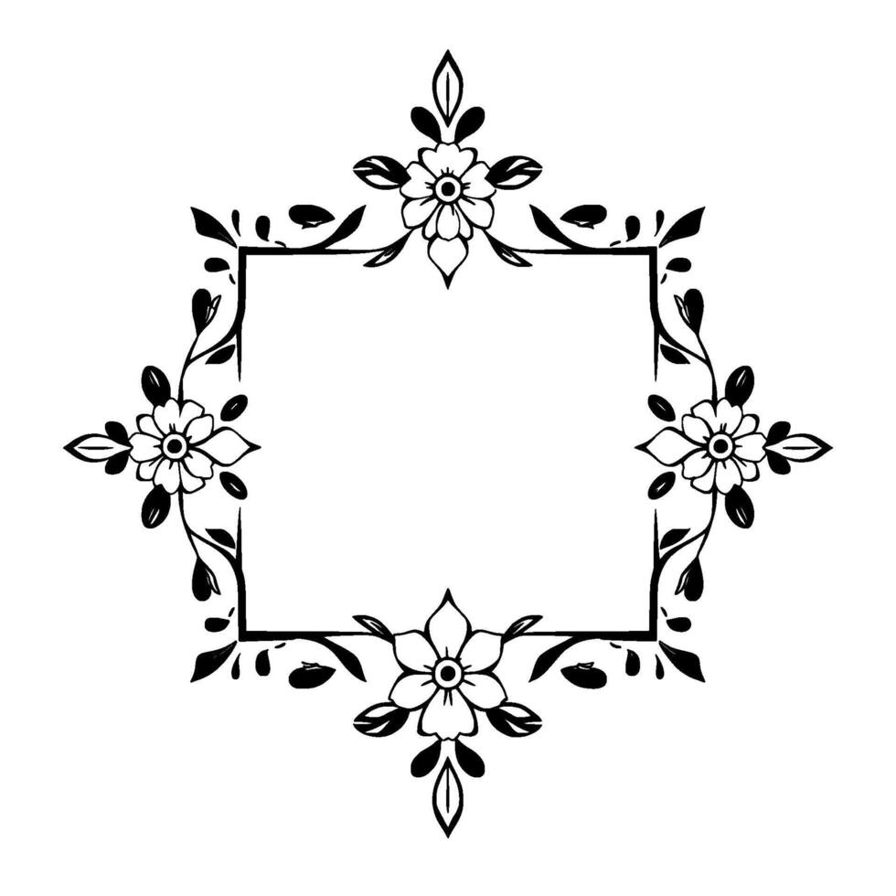 Elegant Black and White Floral Square Frame with Blossoms, Leaves, Vines, and Minimalist on a White Backdrop. vector