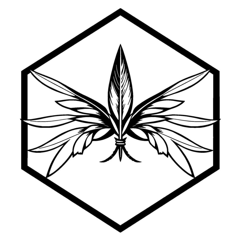 Intricate black and white cannabisinspired botanical within a hexagonal frame, showcasing elegant lines, and detailed textures. vector