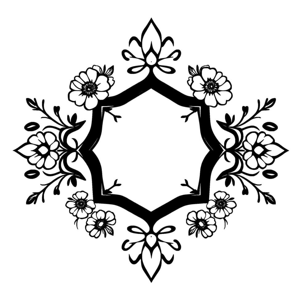 Intricate Floral Frame A Black and White Geometric Floral with Blossoms and Botanical Accents on a White Background. vector