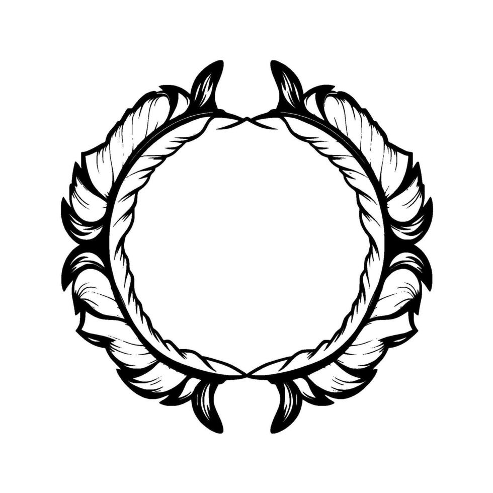 Intricate Black Feather Wreath Decorative Circular Arrangement, Detailed Line Art, Isolated on White, Elegant and Artistic . vector