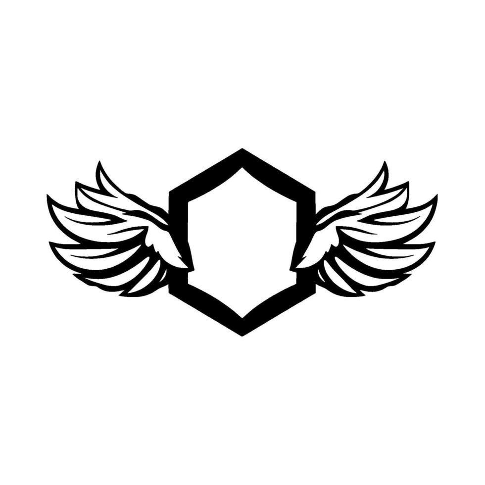 Black and White Crest a hexagonal emblem with feathery wings on each side, creating a symbol of freedom and protection against a blank background. vector