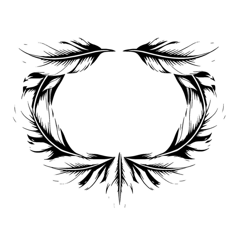 Ornate Black Feather Wreath on White, Artistic Symmetry, Circular , Symbolic Emptiness, Elegant, Detailed Silhouette. vector