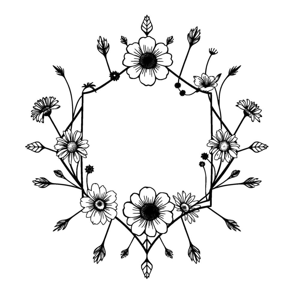 Black and white floral frame with intricate geometric border, featuring various daisylike blossoms and detailed botanical elements. vector