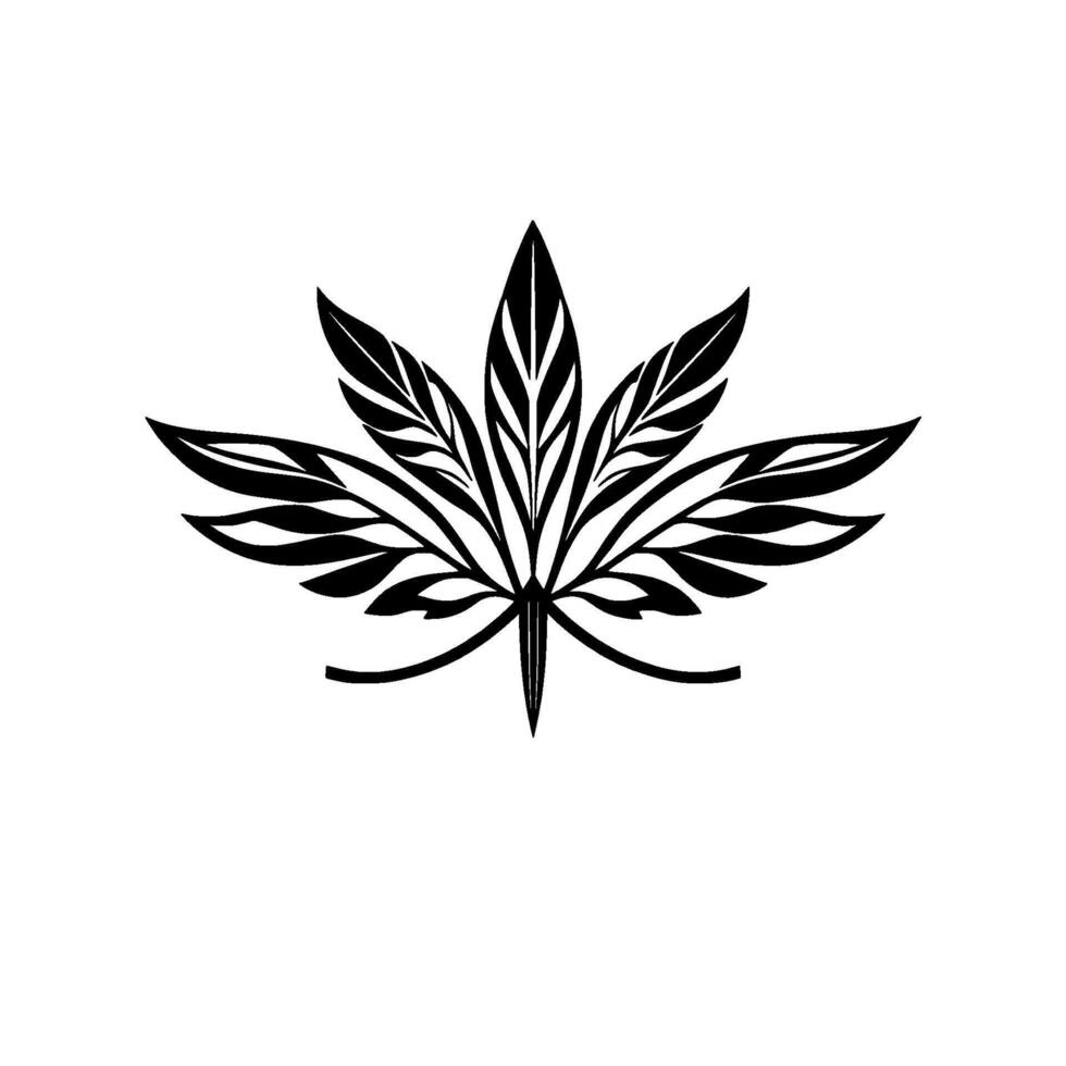 Elegant Black and White Cannabis Leaf , Symmetric Composition, Minimalist Aesthetic, Organic Motif on White Backdrop. vector