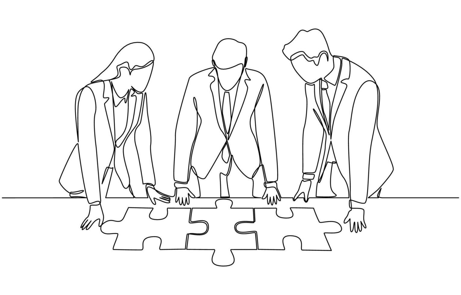 Continuous one line drawing of businesspeople looking at connected jigsaw puzzle on table, business connection, partnership and agreement concept, single line art vector