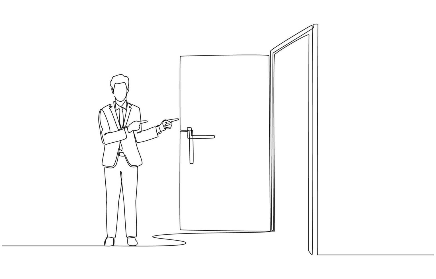 Continuous one line drawing of businessman pointing to open company door, employment, job opportunity concept, single line art vector