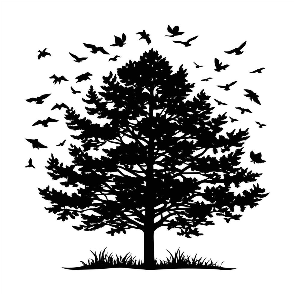 Serene tree silhouette birds flying vector