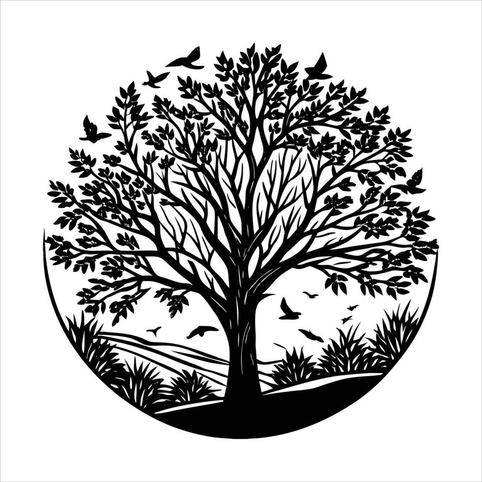 Summer Trees With Sky Birds. vector