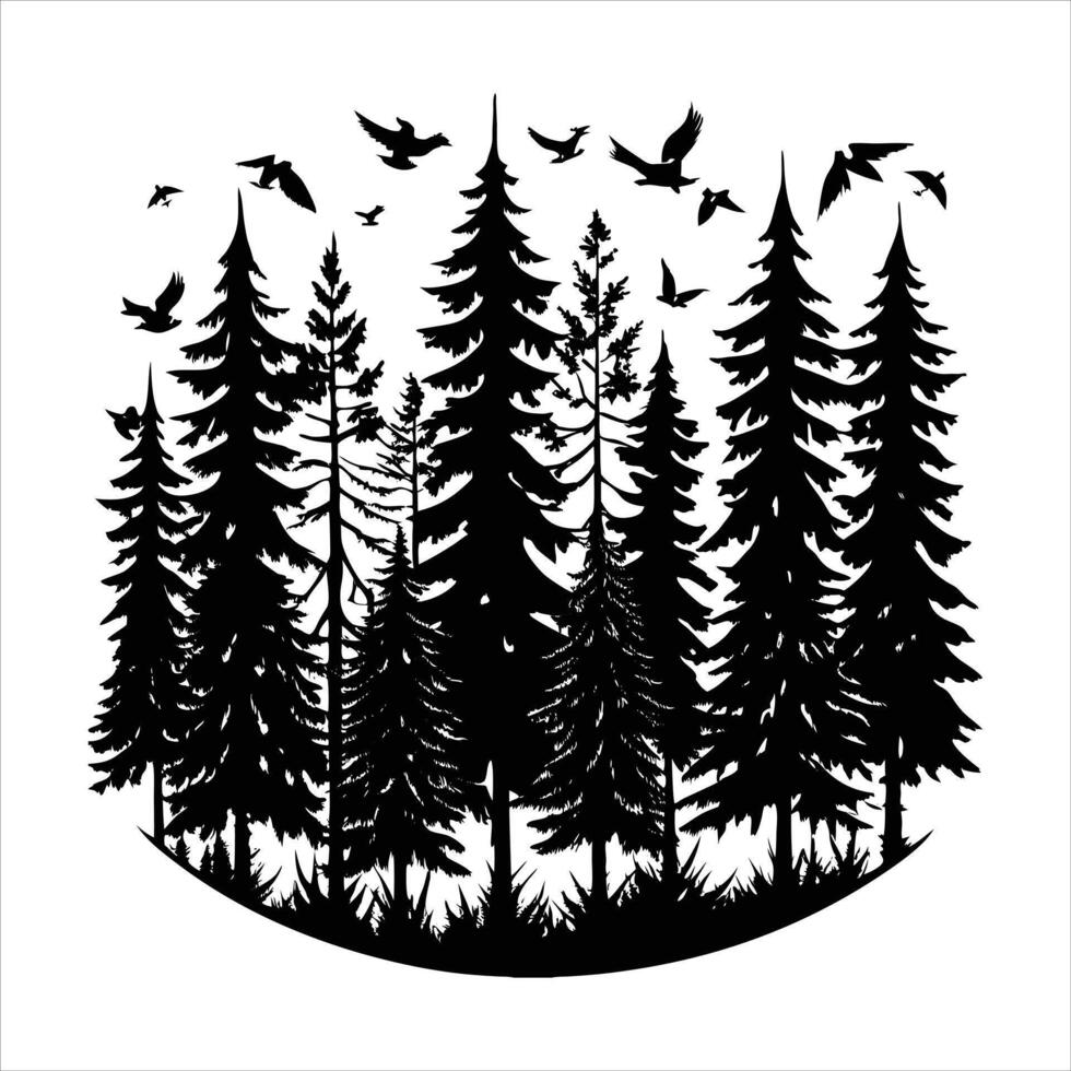 Watercolor Pine Trees Birds vector