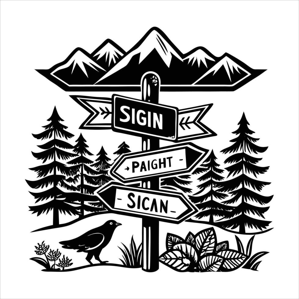 A Sign Post With Mountains Trees vector