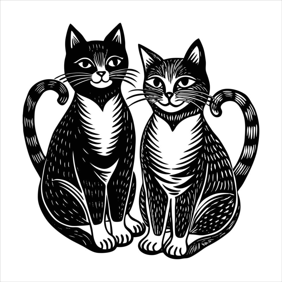 Two cats are sitting side by side. vector