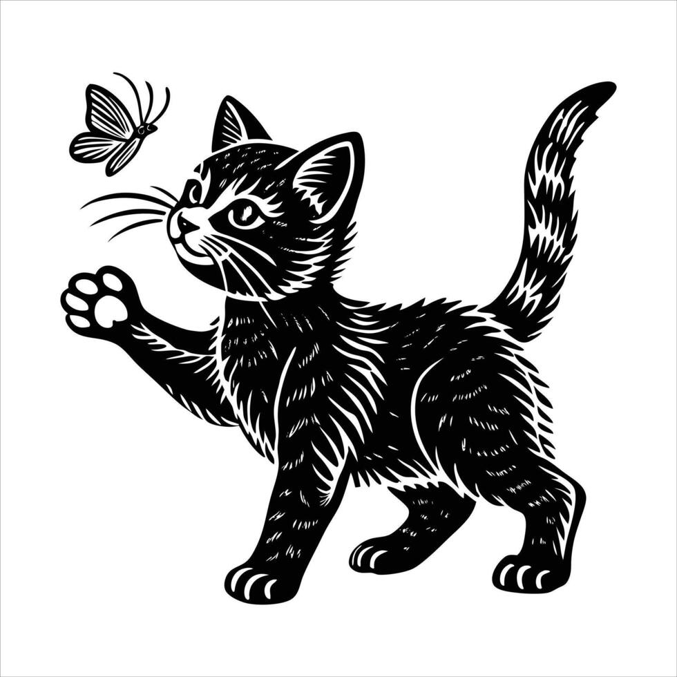 A cute cat playing with a butterfly vector