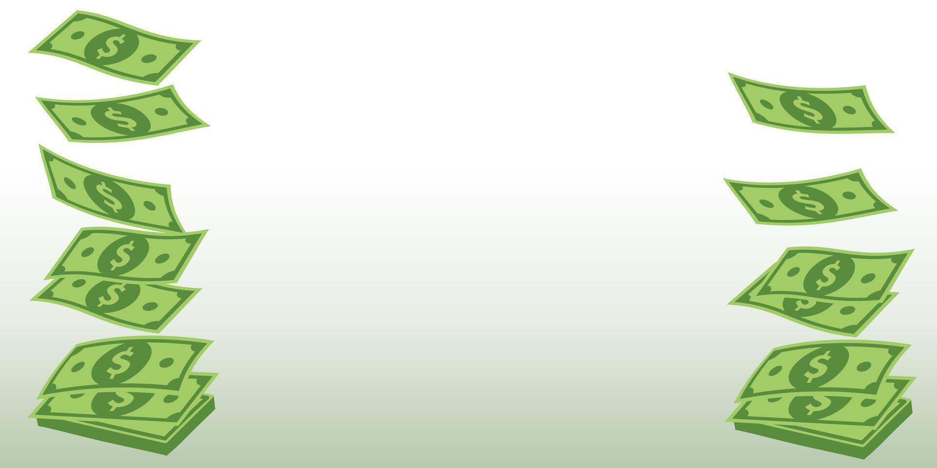 Banner with pattern of money with empty space in the middle for text. Flying green dollar bill, money cash and usd currency. American money float banknotes, banking finance investment or jackpot win. vector